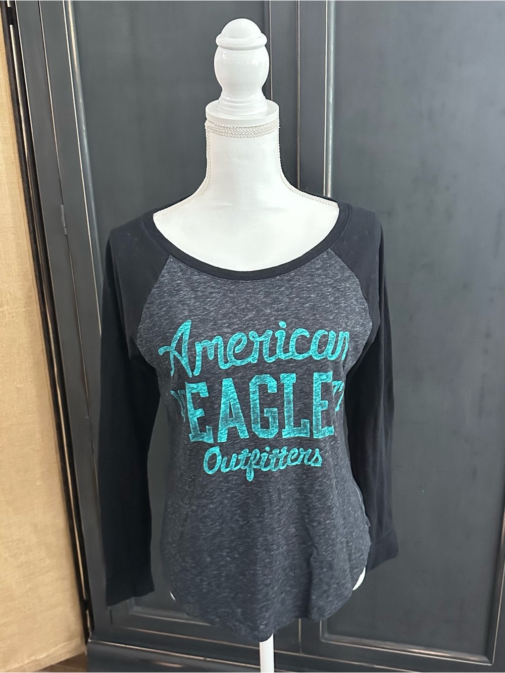 American Eagle Outfitters Charcoal & Black Raglan Top with Teal Logo